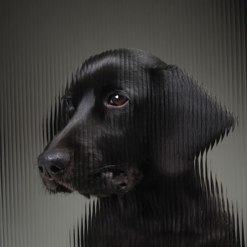 a  dog,  black background,  curved glass,  textured glass, fluted glass <lora:SDXL_Textured_glass_Test_Sa_May:1>